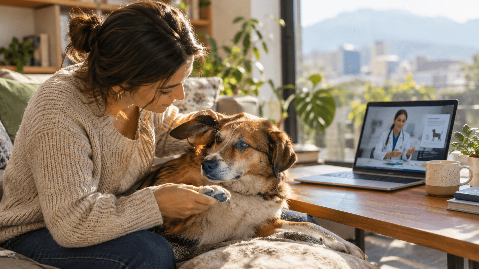 Tutor revisando cariñosamente a su perro en casa mientras aprende sobre cuidados veterinarios y bienestar animal en Chile