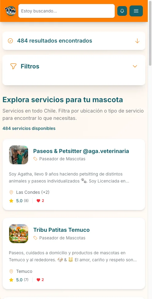 Buscador real de RedMascotas con filtros y resultados de servicios para mascotas