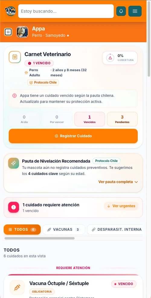 Carnet veterinario real de Appa: resumen de cuidados, pendientes y vacuna vencida