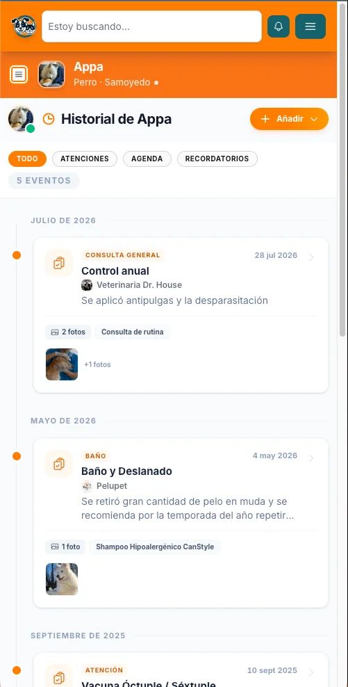 Historial real de Appa con atenciones, fotos y documentos