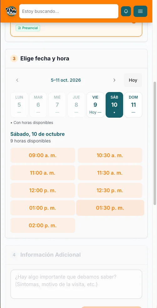 Un cliente selecciona una fecha y hora disponible para reservar