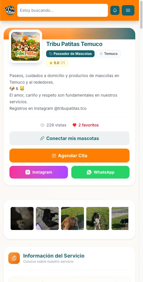 Perfil público de Tribu Patitas Temuco con marca, fotos y formas de contacto