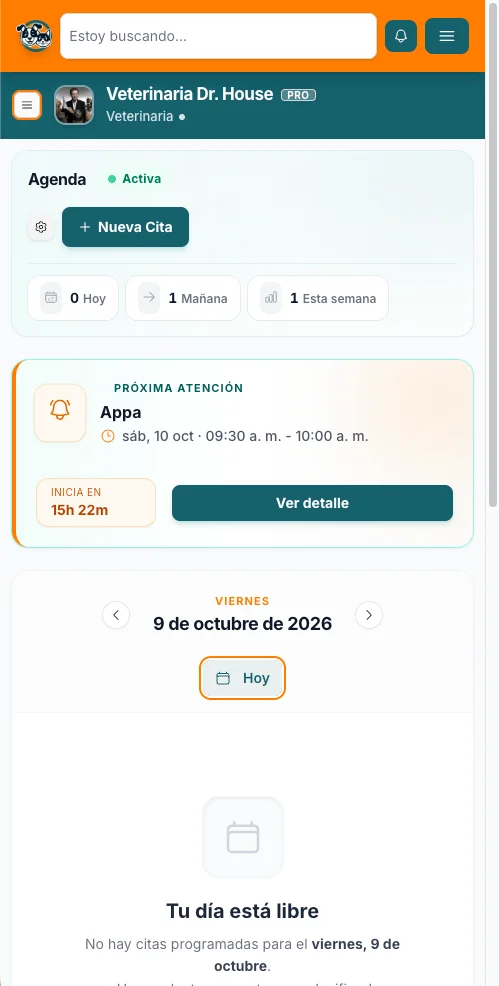 Agenda real del servicio con una próxima atención para Appa y resumen de citas