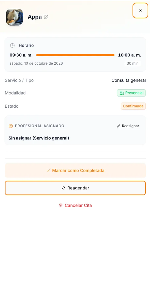 Detalle real de una cita confirmada de Appa con horario y acciones para completar o reagendar