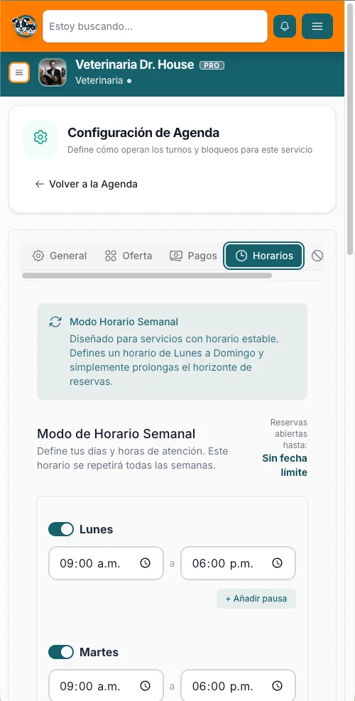 Configuración de horarios semanales de atención