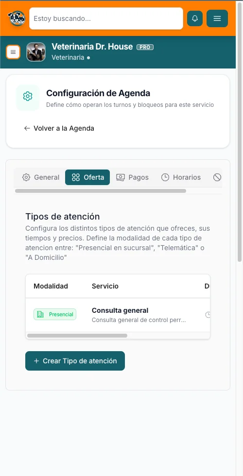 Configuración de los tipos de atención del servicio